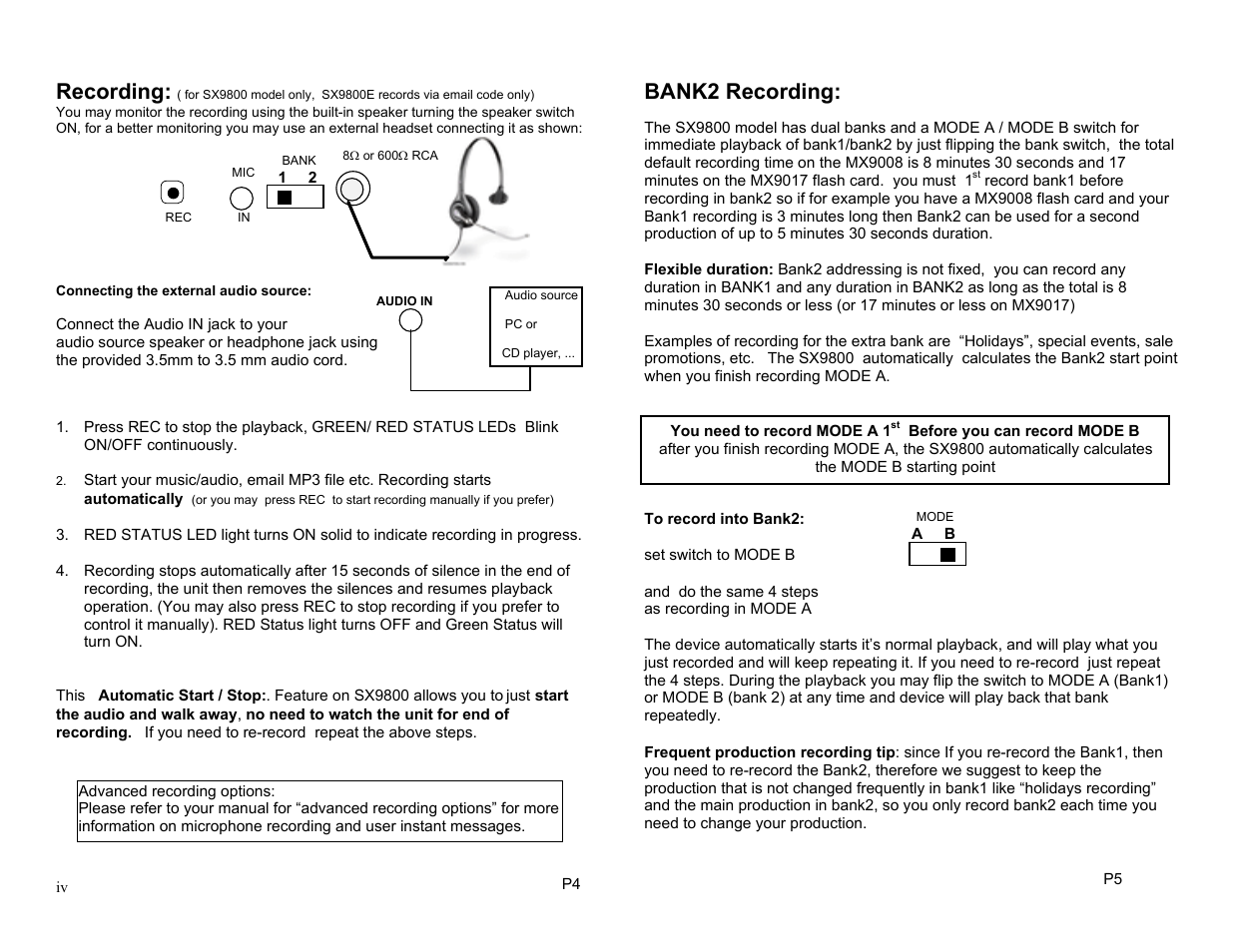 Recording, Bank2 recording | Invotel SX9800 User Manual | Page 4 / 4