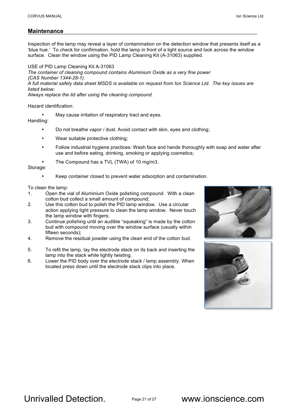 Ion Science Corvus User Manual | Page 21 / 27