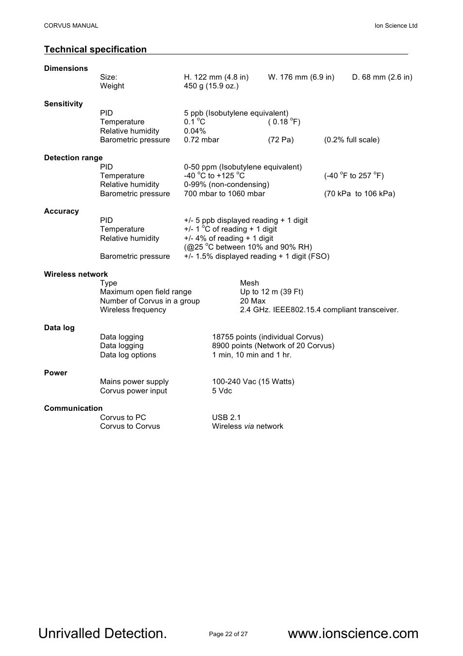 Technical specification | Ion Science Corvus User Manual | Page 22 / 27