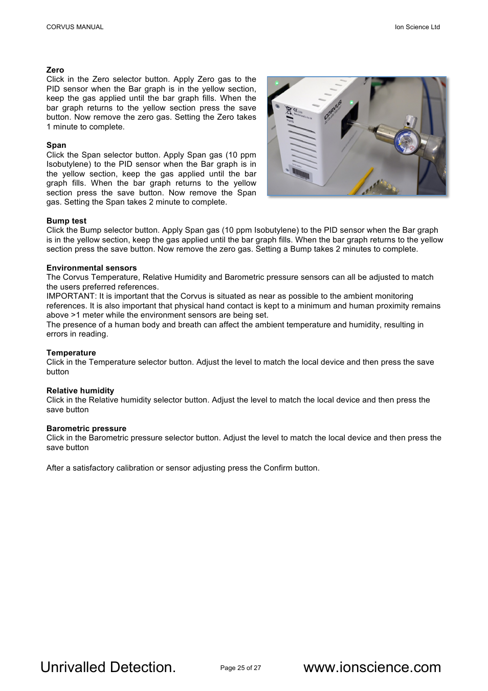 Ion Science Corvus User Manual | Page 25 / 27