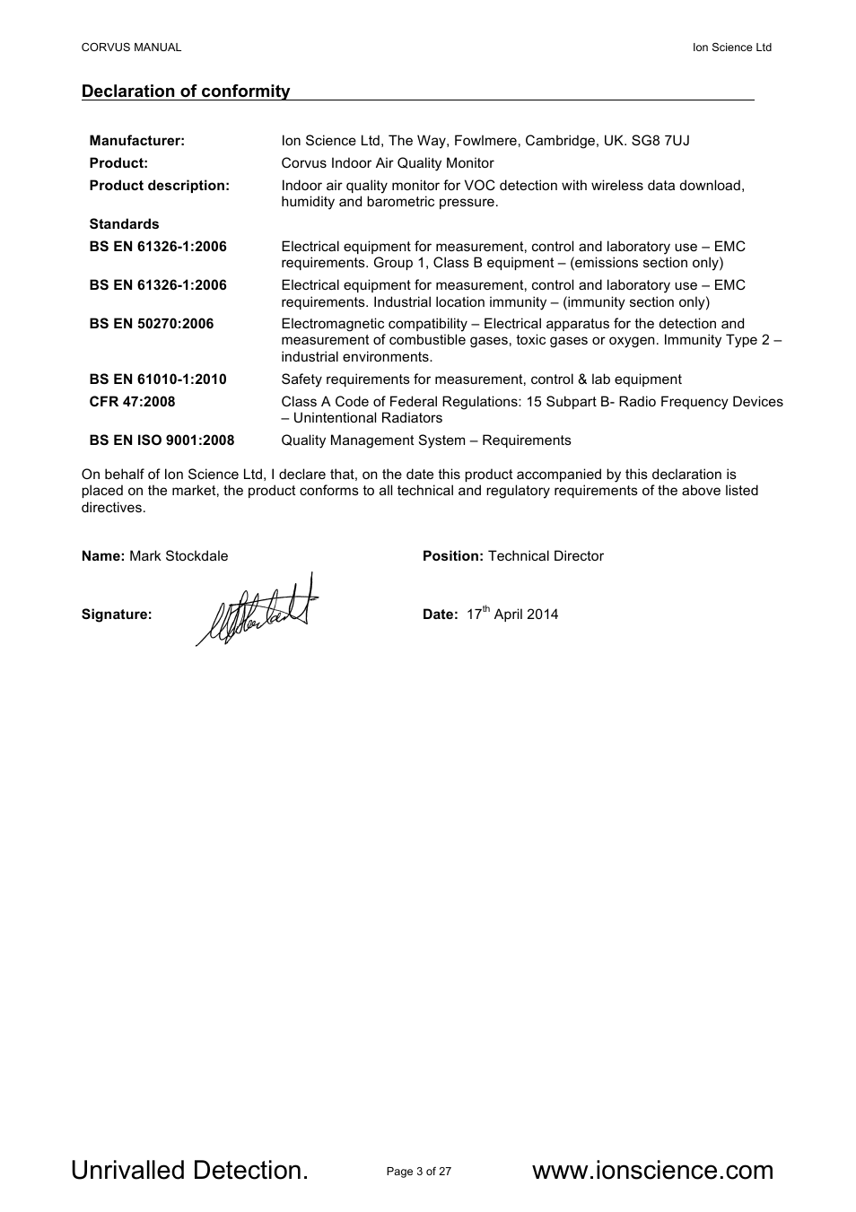 Ion Science Corvus User Manual | Page 3 / 27