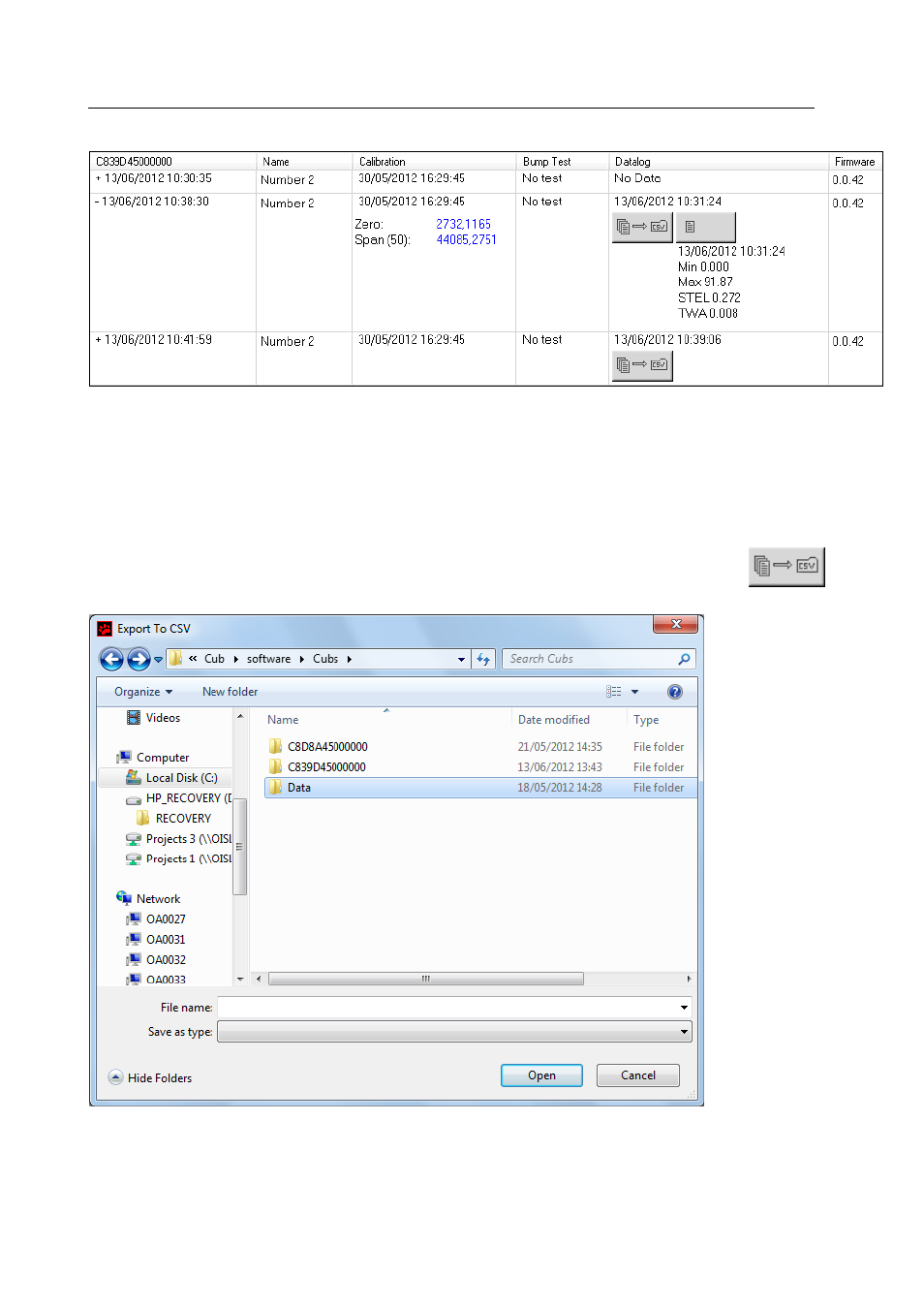 Saving logged data to a csv file | Ion Science Cub User Manual | Page 27 / 42