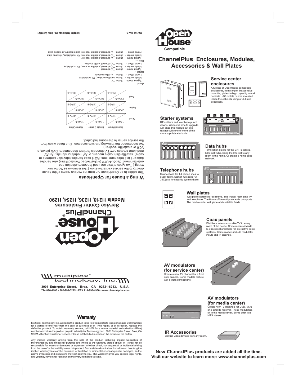 Channelplus, Starter systems, Data hubs | Telephone hubs, Coax panels, Av modulators (for service center), Warranty, Service center enclosures, Av modulators (for media center), Program select wall plates | Channel Plus H218 User Manual | Page 2 / 2