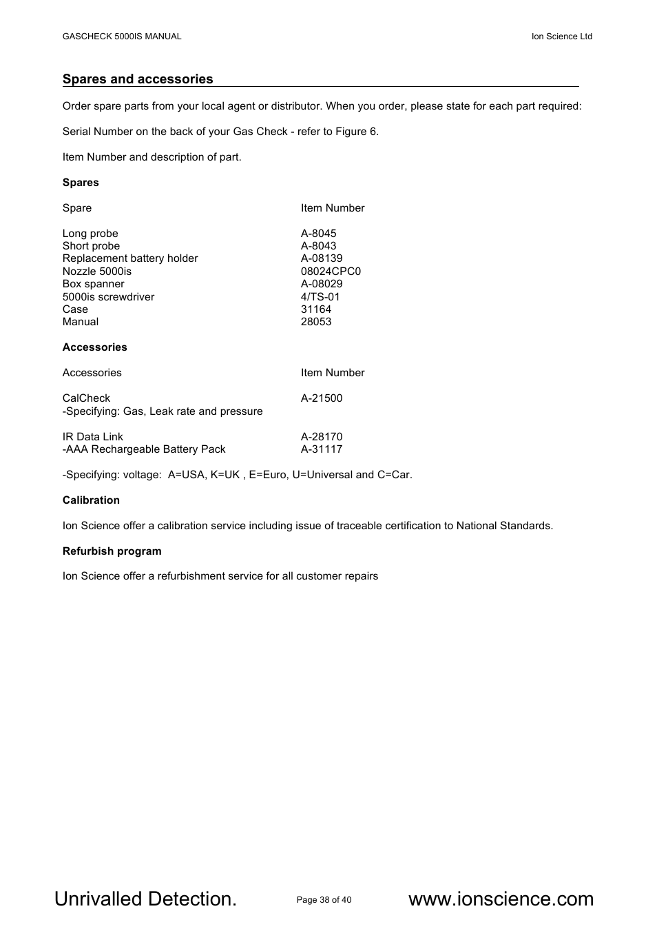 Spares and accessories | Ion Science GasCheck IS User Manual | Page 38 / 40