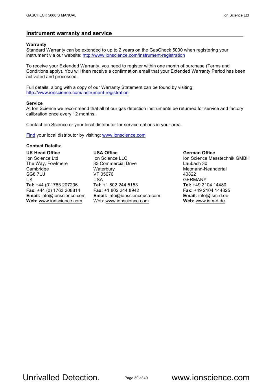 Ion Science GasCheck IS User Manual | Page 39 / 40