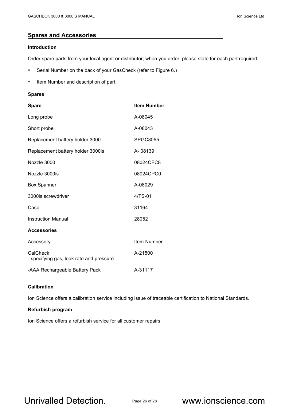 Spares and accessories | Ion Science GasCheck IS User Manual | Page 26 / 28