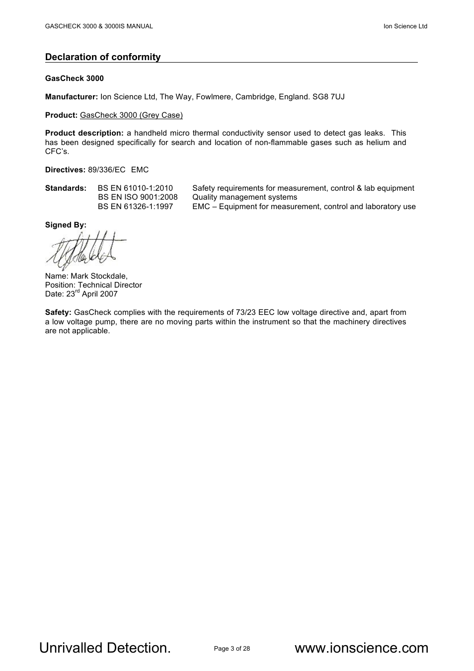 Ion Science GasCheck IS User Manual | Page 3 / 28