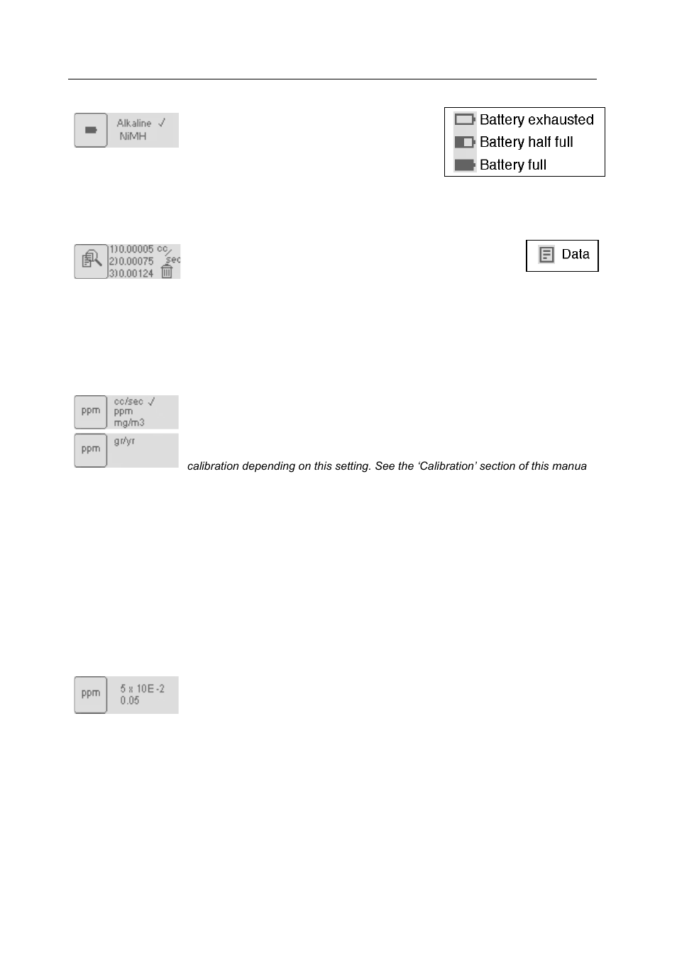 Battery selection, View data, Units | Display | Ion Science GasCheck Tesla User Manual | Page 12 / 25