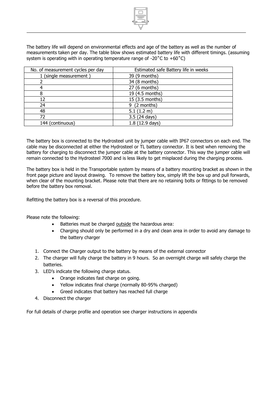 Battery information, Battery life, Battery replacement | Battery charging | Ion Science Hydrosteel 7000TL User Manual | Page 10 / 18