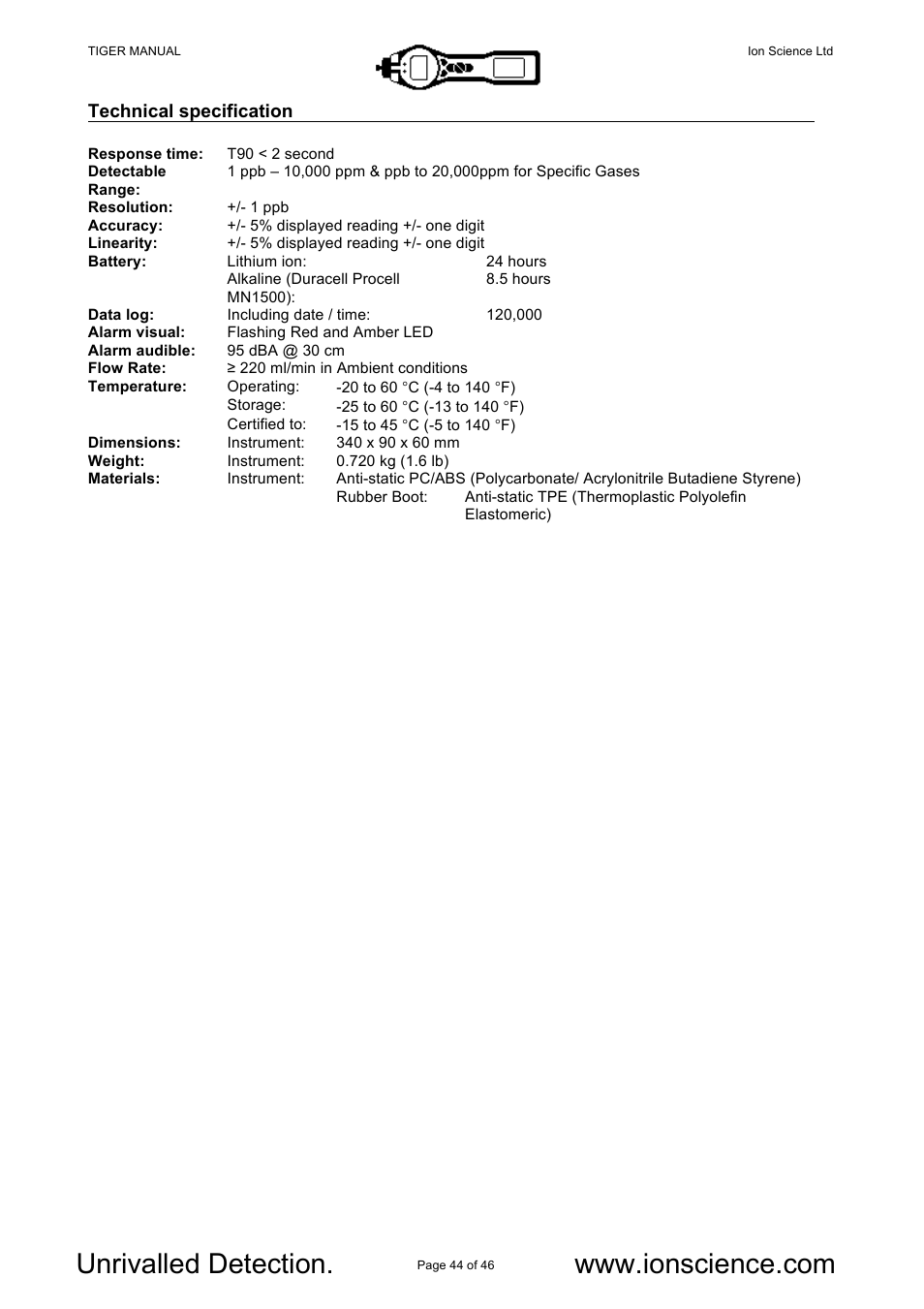 Ion Science Tiger User Manual | Page 44 / 46