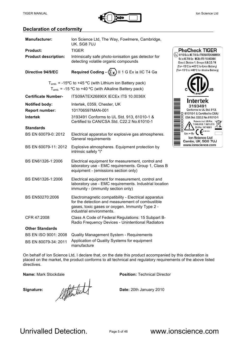 Declaration of conformity | Ion Science Tiger User Manual | Page 5 / 46