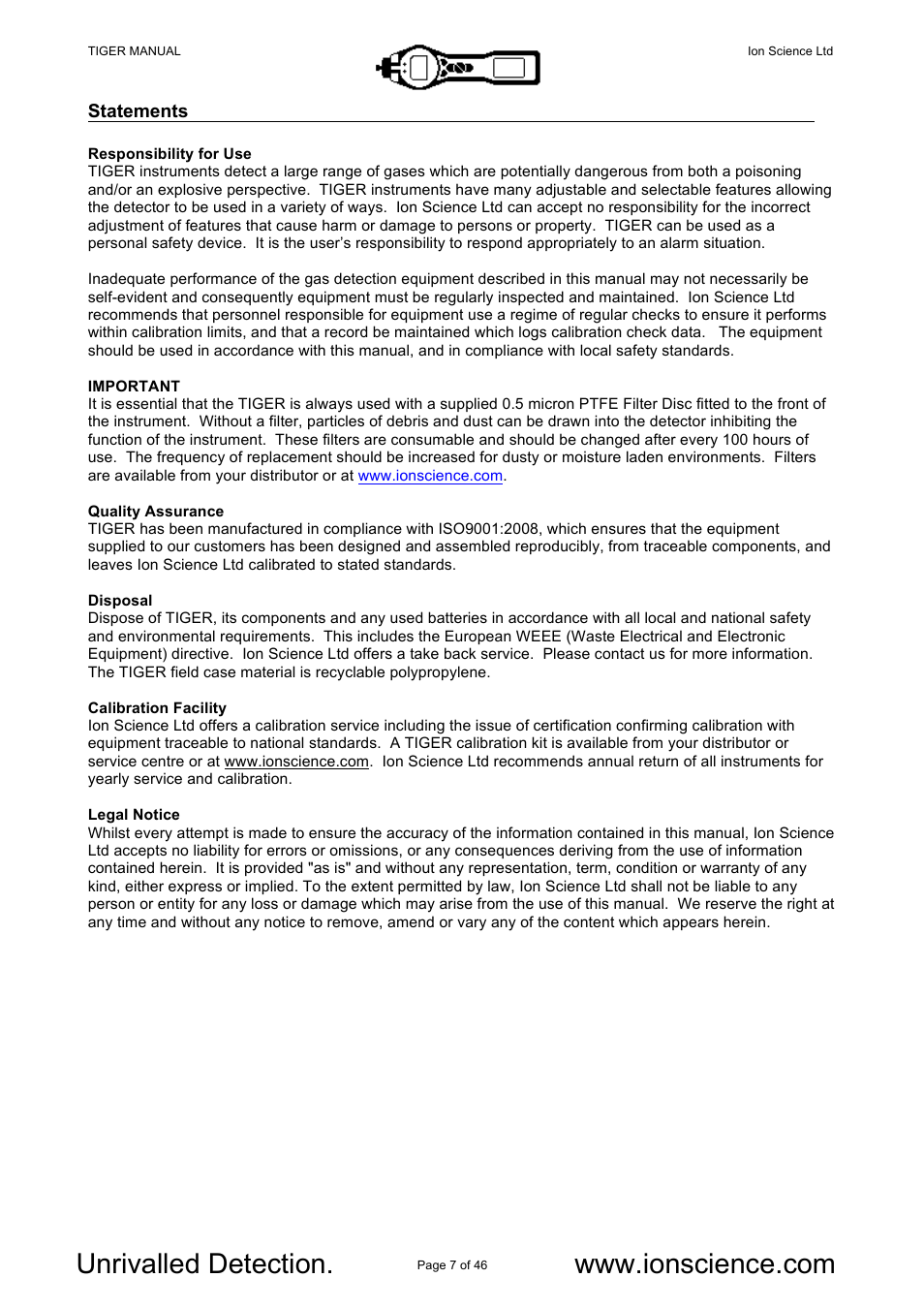 Ion Science Tiger User Manual | Page 7 / 46