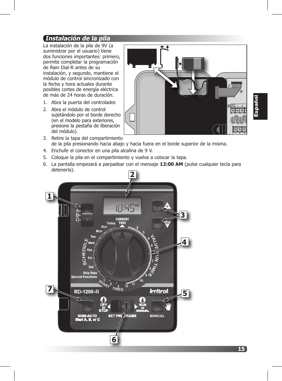 Instalación de la pila, Español | Irritrol Rain Dial R User Manual | Page 15 / 36