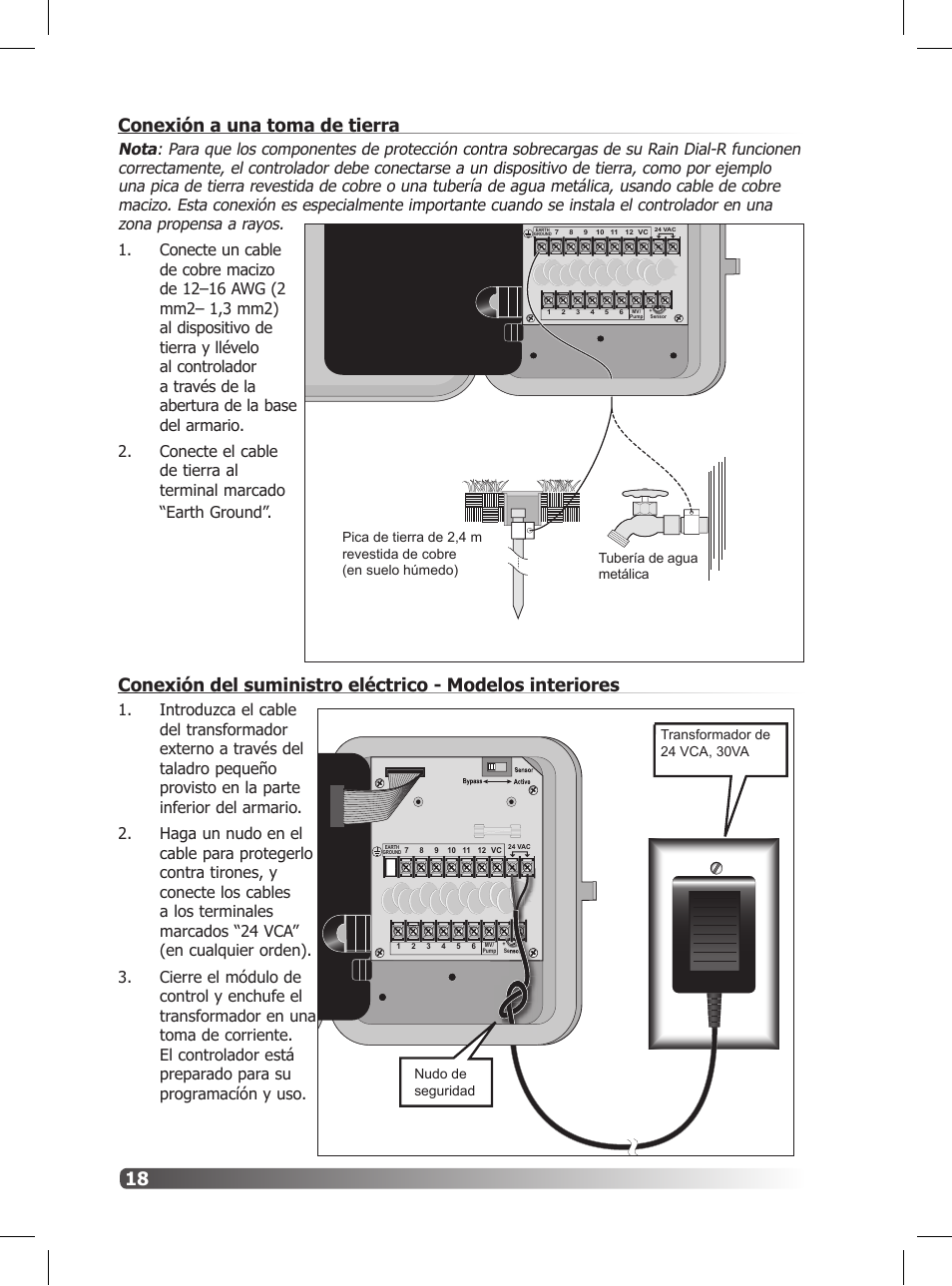 18 conexión a una toma de tierra | Irritrol Rain Dial R User Manual | Page 18 / 36