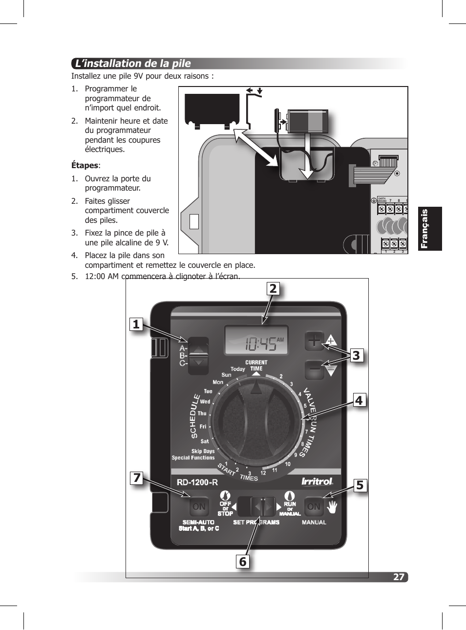 L’installation de la pile | Irritrol Rain Dial R User Manual | Page 27 / 36