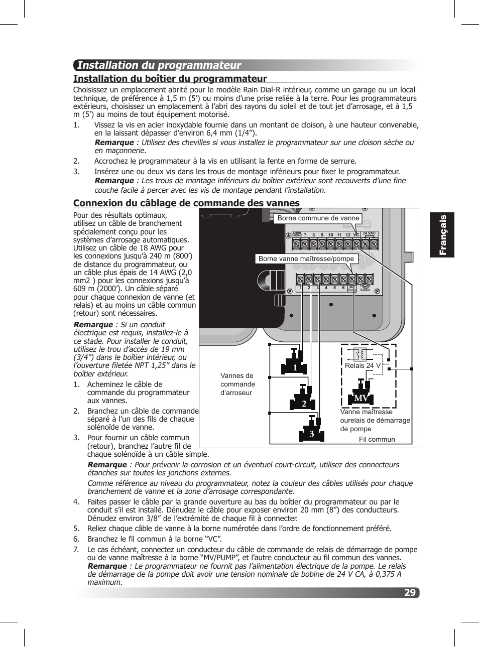 Installation du programmateur, Installation du boîtier du programmateur, Connexion du câblage de commande des vannes | 32 1 mv, Fr ançais | Irritrol Rain Dial R User Manual | Page 29 / 36