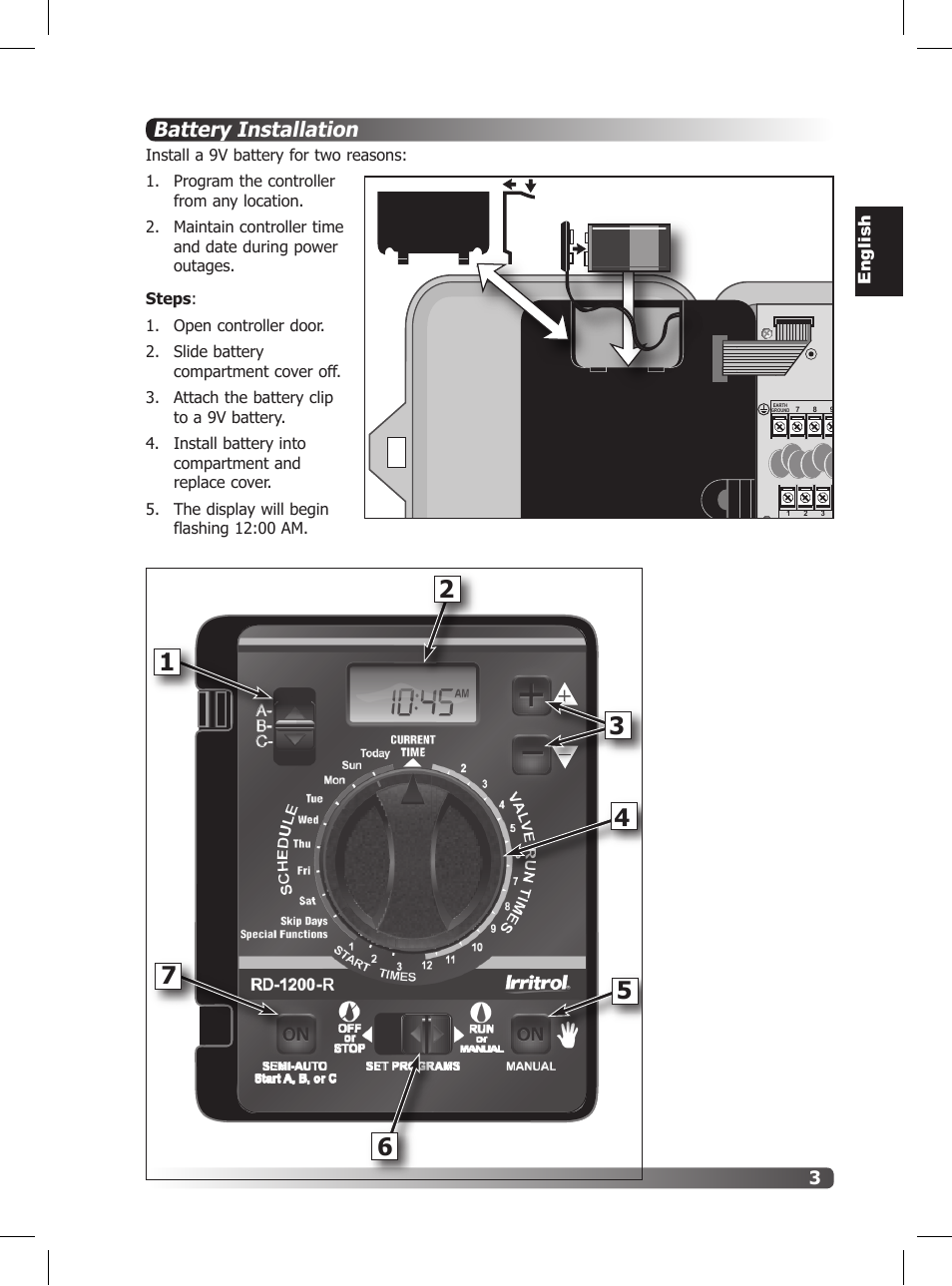 Battery installation | Irritrol Rain Dial R User Manual | Page 3 / 36