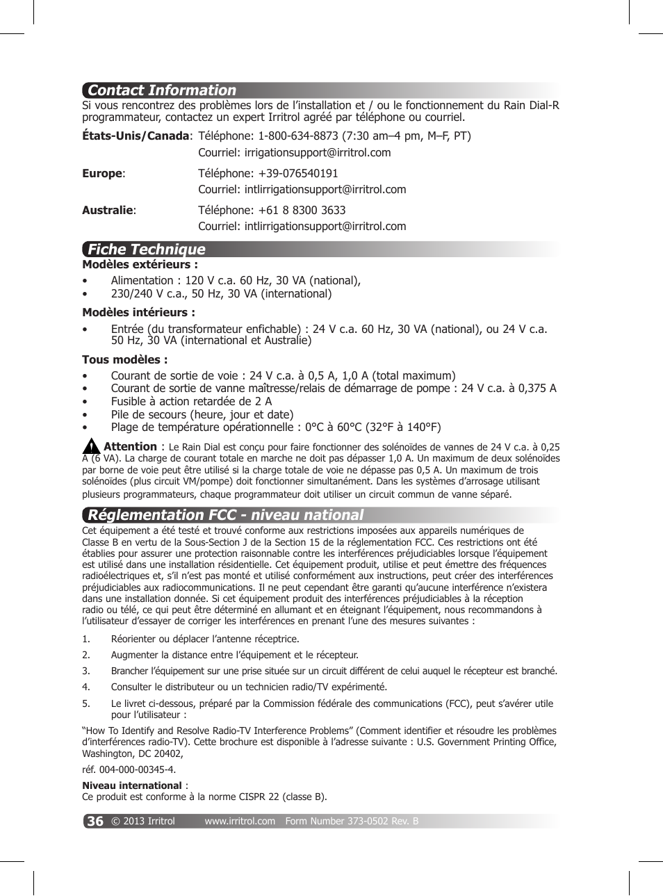 Contact information, Fiche technique, Réglementation fcc - niveau national | Irritrol Rain Dial R User Manual | Page 36 / 36