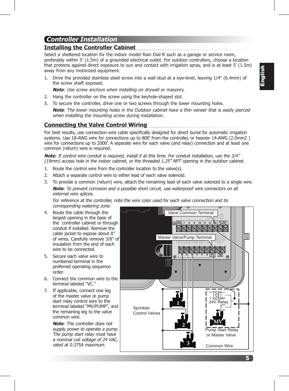 Controller installation, Installing the controller cabinet, Connecting the valve control wiring | 32 1 mv, Eng lish | Irritrol Rain Dial R User Manual | Page 5 / 36