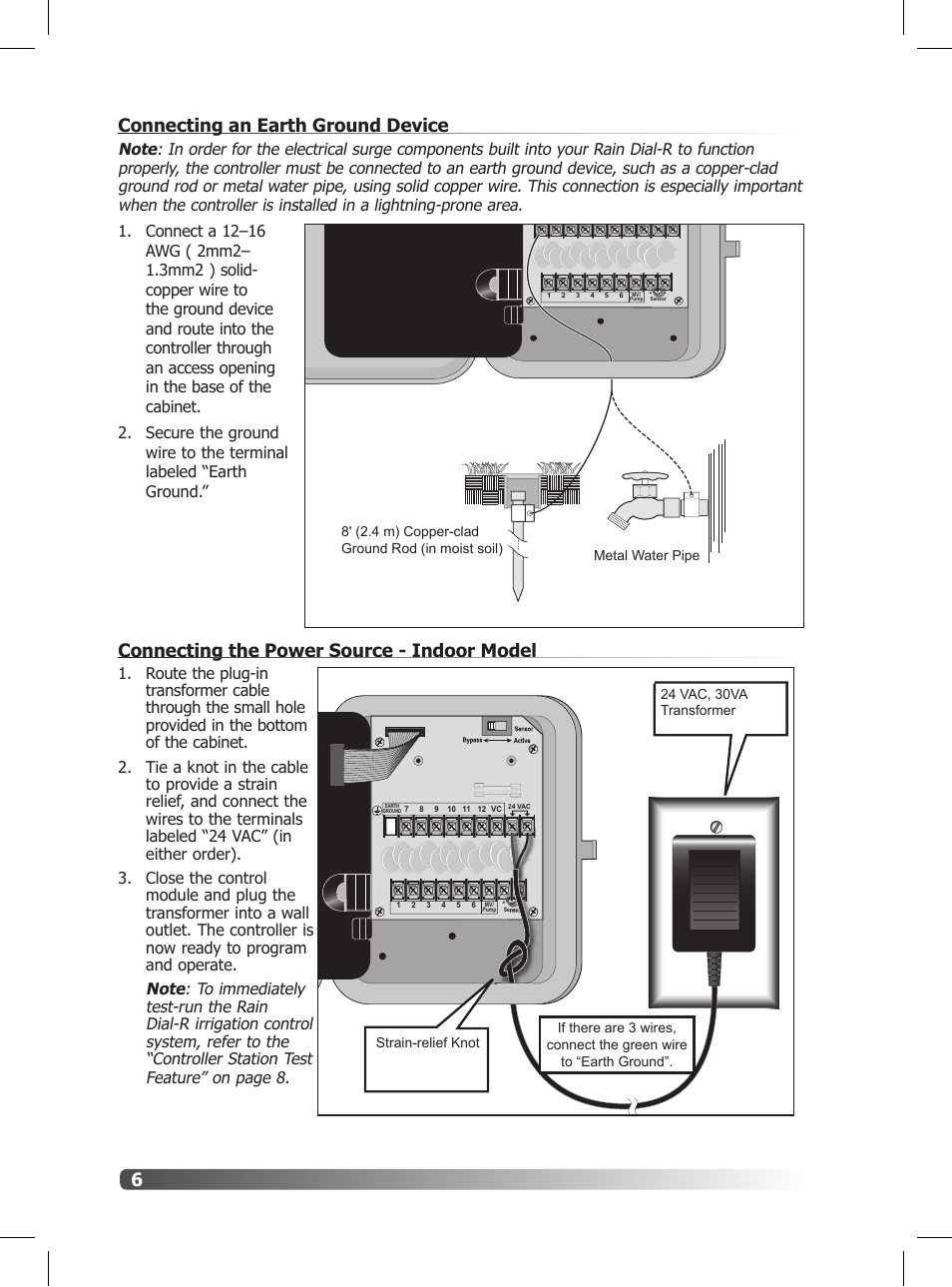 6connecting an earth ground device, Connecting the power source - indoor model | Irritrol Rain Dial R User Manual | Page 6 / 36