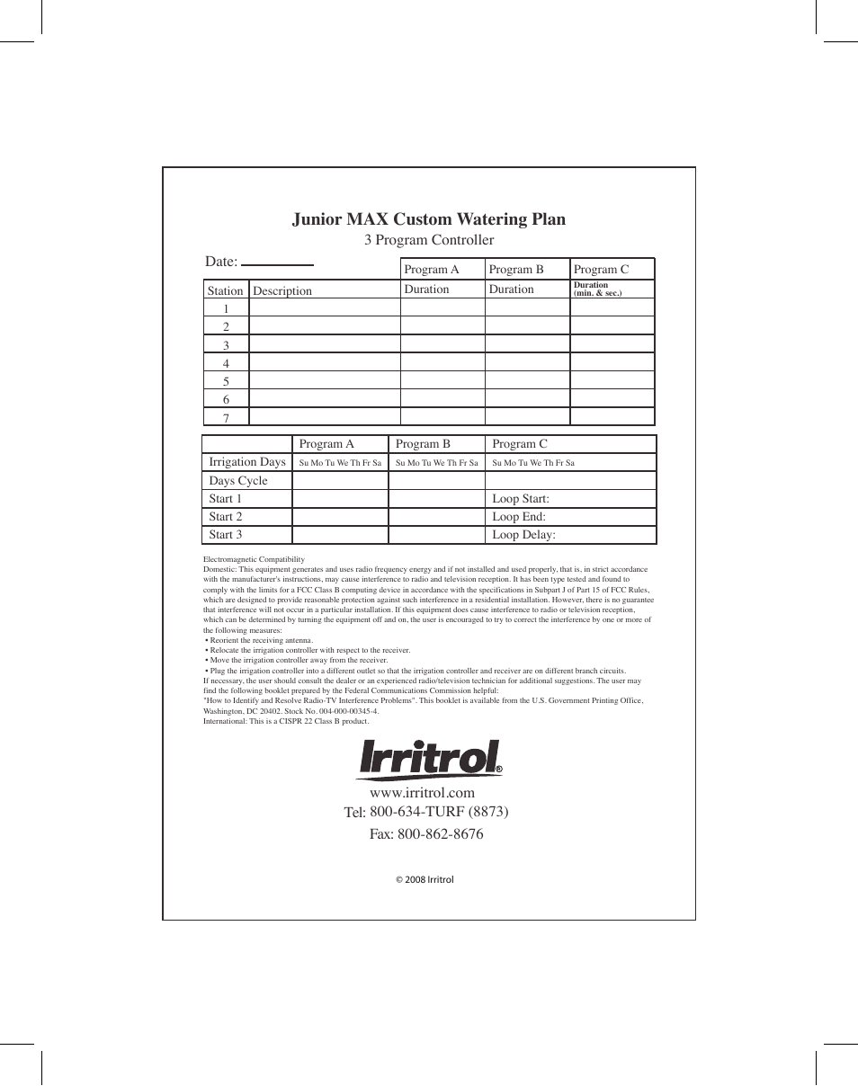 Junior max custom watering plan, 3 program controller date | Irritrol Junior MAX User Manual | Page 12 / 12