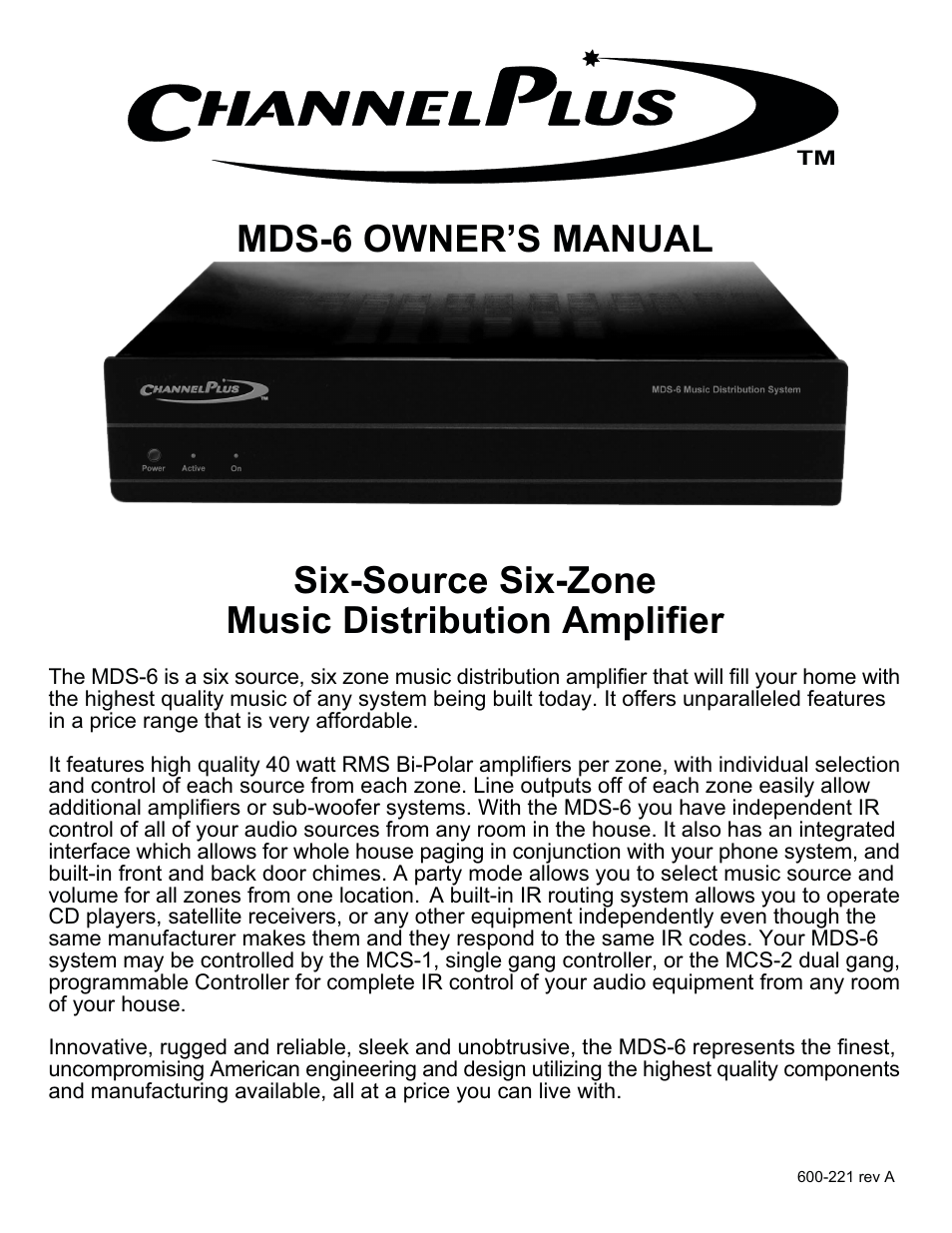 Channel Plus MDS-6 User Manual | 22 pages