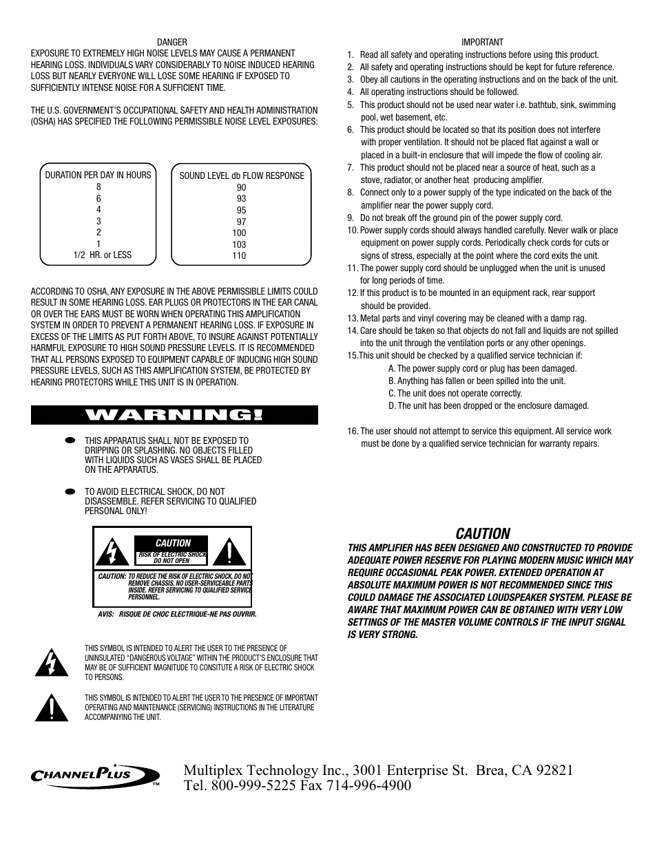 Caution | Channel Plus MDS-6 User Manual | Page 2 / 22