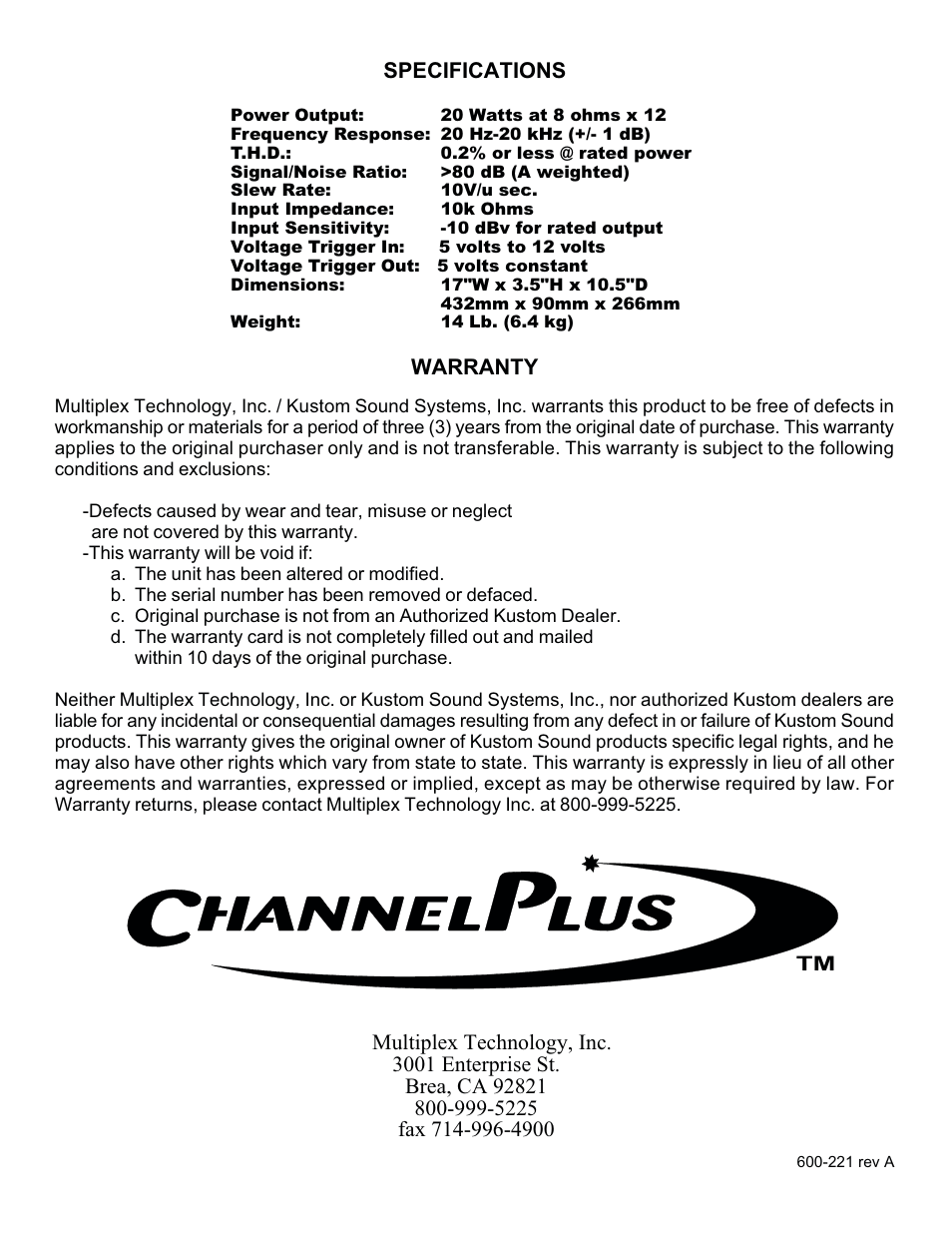 Channel Plus MDS-6 User Manual | Page 22 / 22