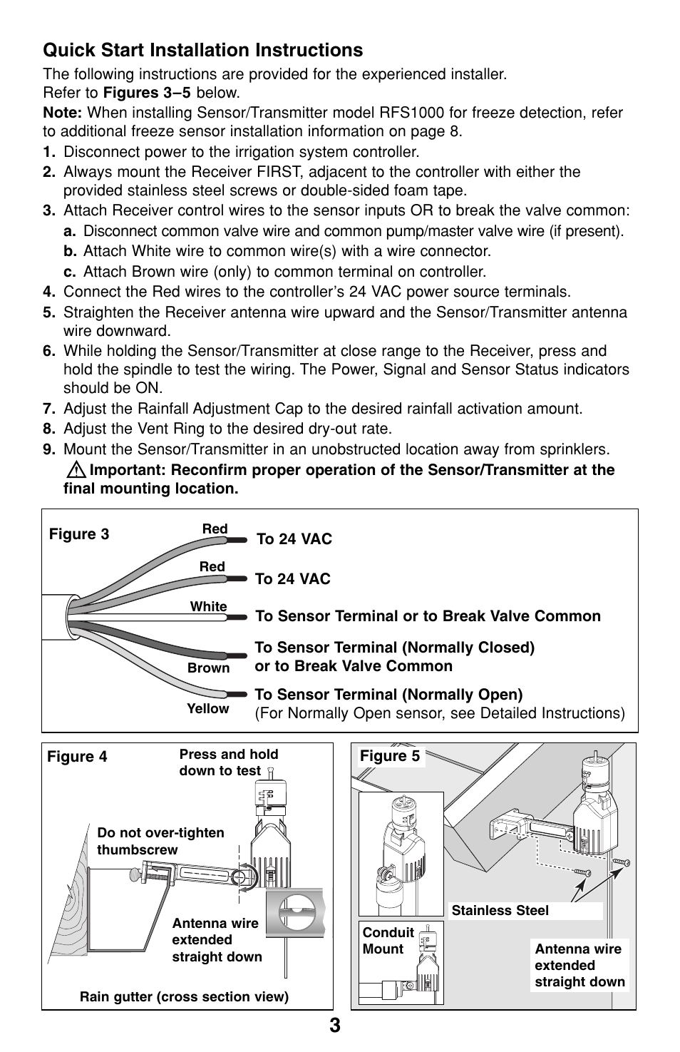Quick start installation instructions | Irritrol RainSensor User Manual | Page 3 / 12