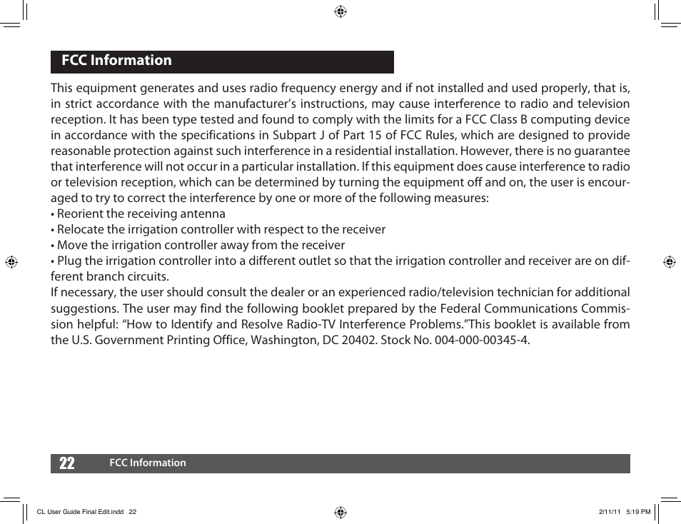 Fcc information | Irritrol Climate Logic User Manual | Page 22 / 24