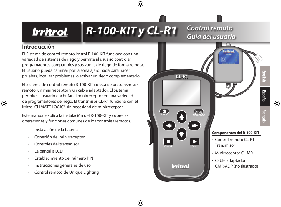 Y cl-r1, R-100-kit, Control remoto guía del usuario | Irritrol CRR User Manual | Page 13 / 36
