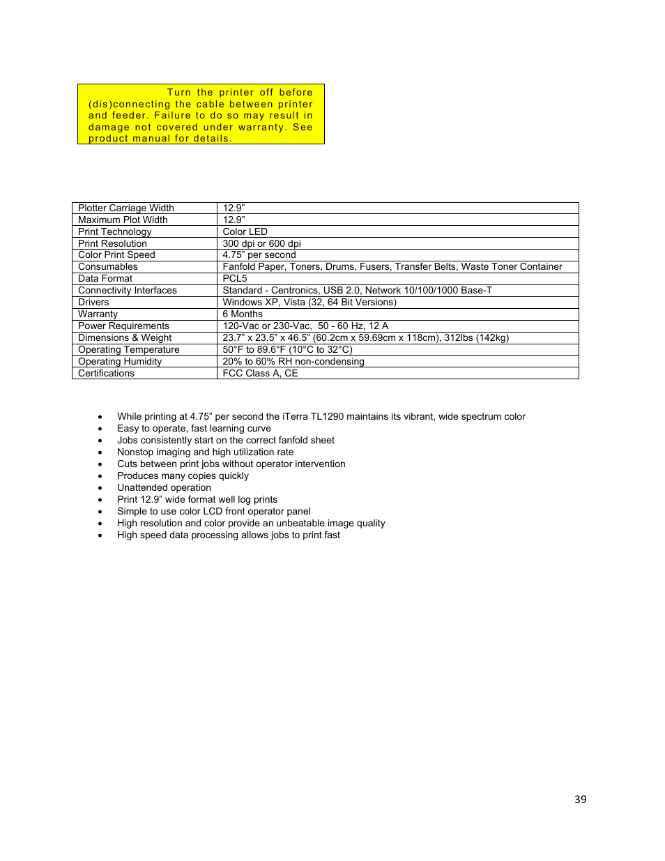 Features and specifications, Printer and feeder cable caution, Printer specifications | Features | iSys iTerra TL1290 Color LED Printer User Manual | Page 41 / 44