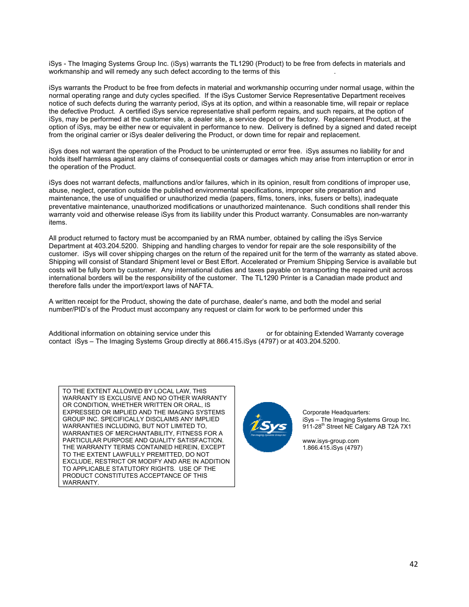Iterra tl1290 warranty | iSys iTerra TL1290 Color LED Printer User Manual | Page 44 / 44