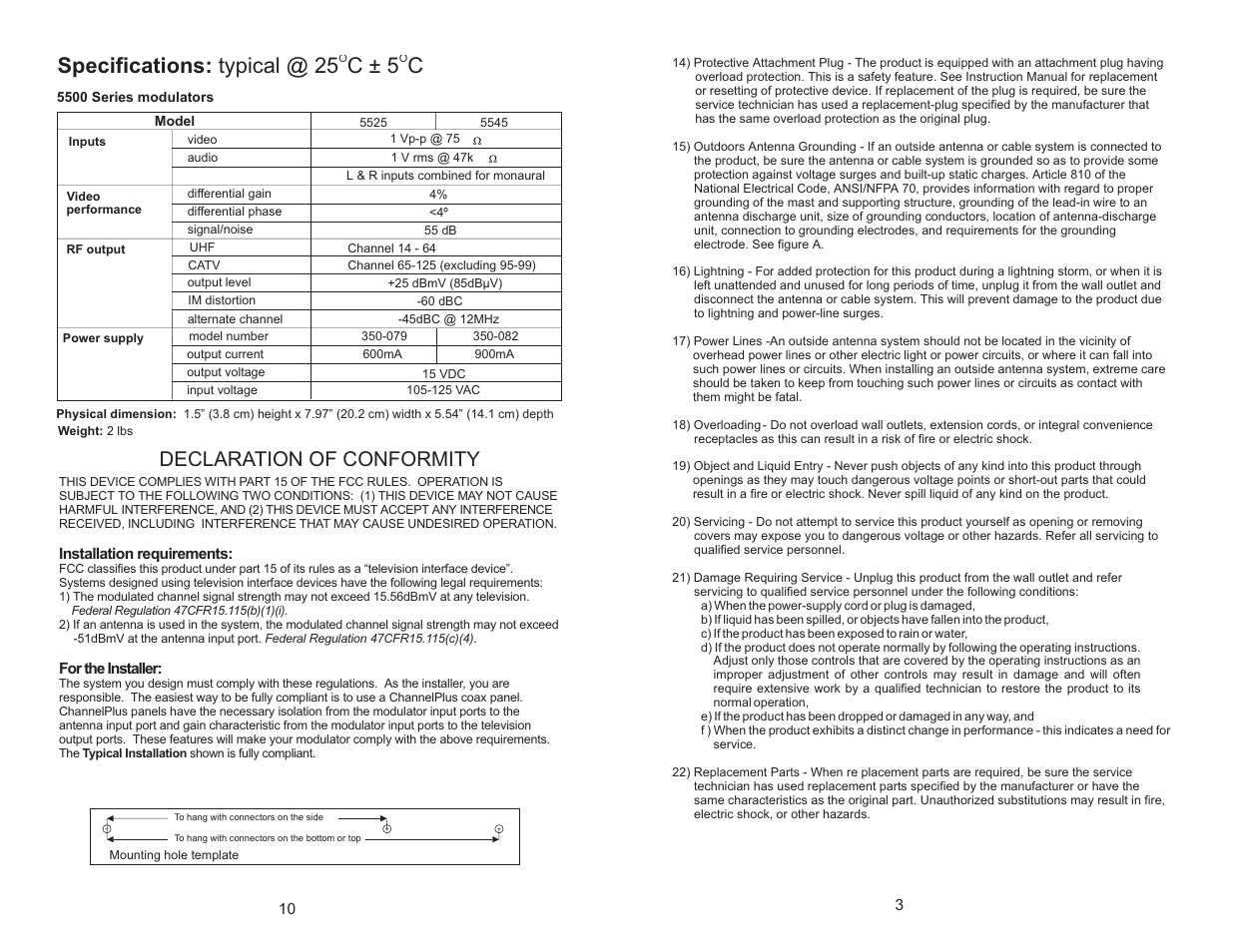 Specifications: typical @ 25 c ± 5 c, Declaration of conformity | Channel Plus 5545 User Manual | Page 3 / 6