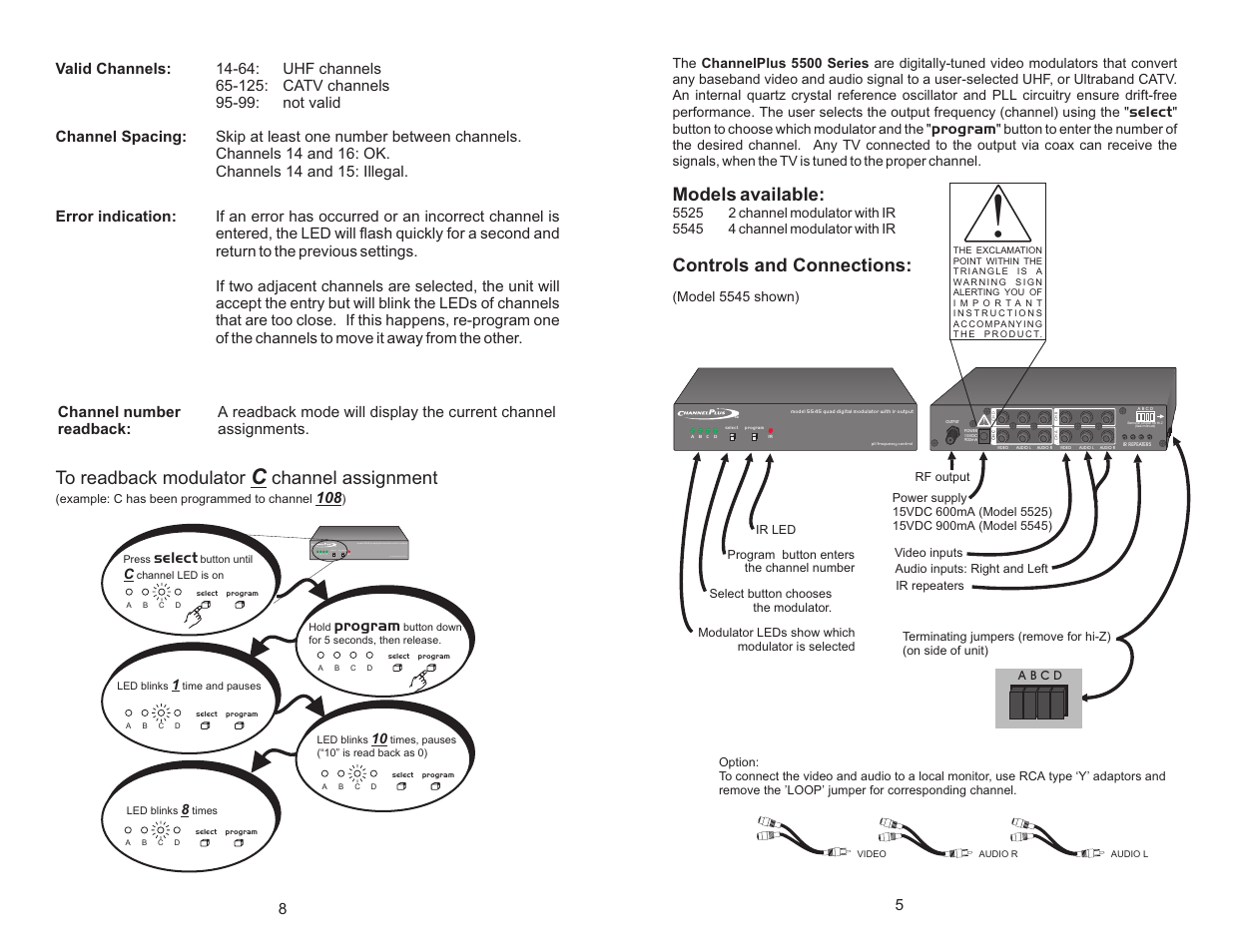 Channel assignment, Models available: controls and connections | Channel Plus 5545 User Manual | Page 5 / 6