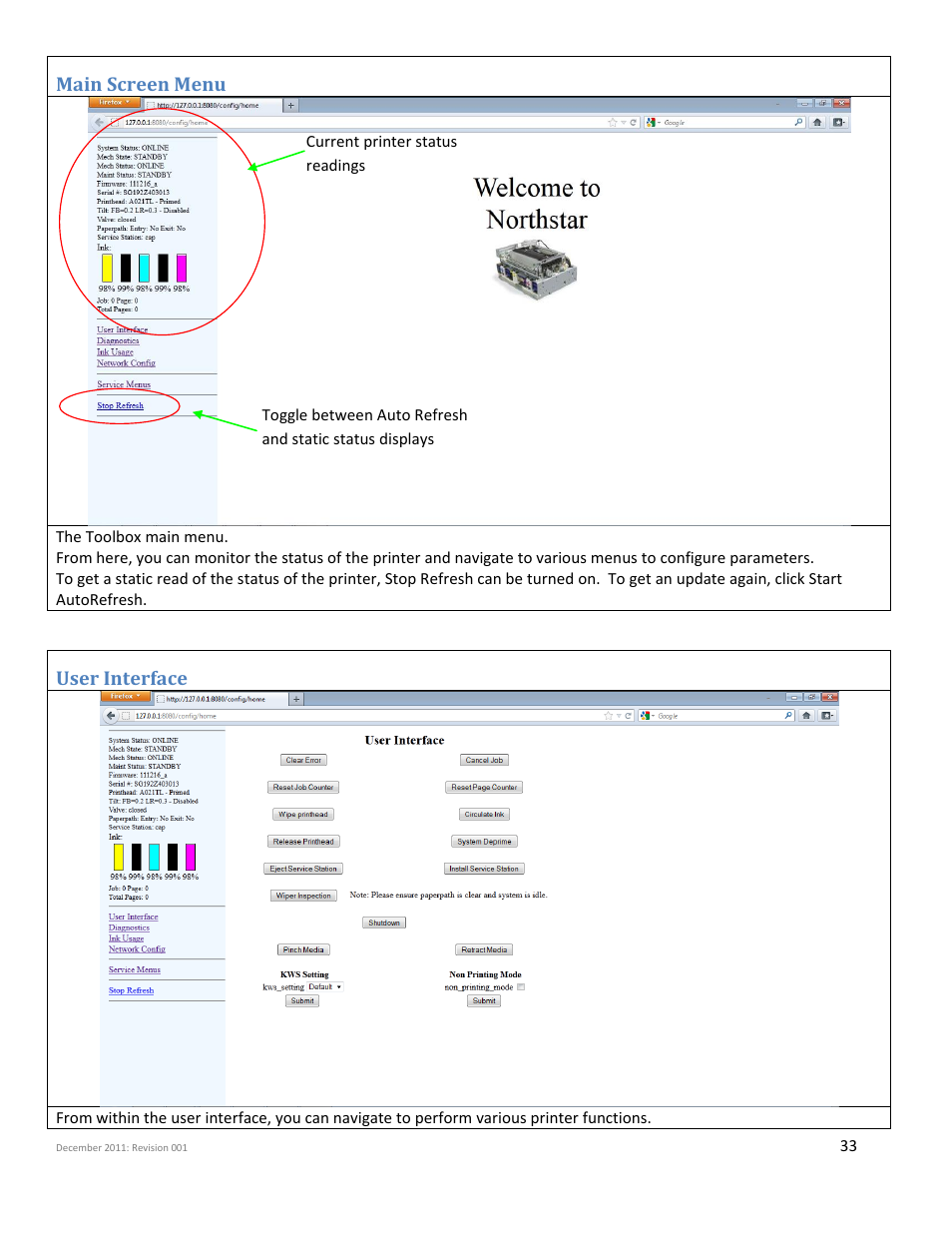 Main screen menu, User interface | iSys Iterra Mi875 User Manual | Page 33 / 43