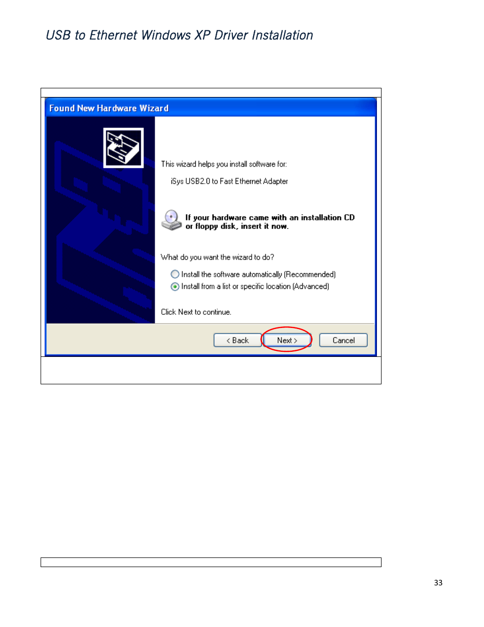 Usb to ethernet windows xp driver installation | iSys iTerra IJ875 User Manual | Page 33 / 51