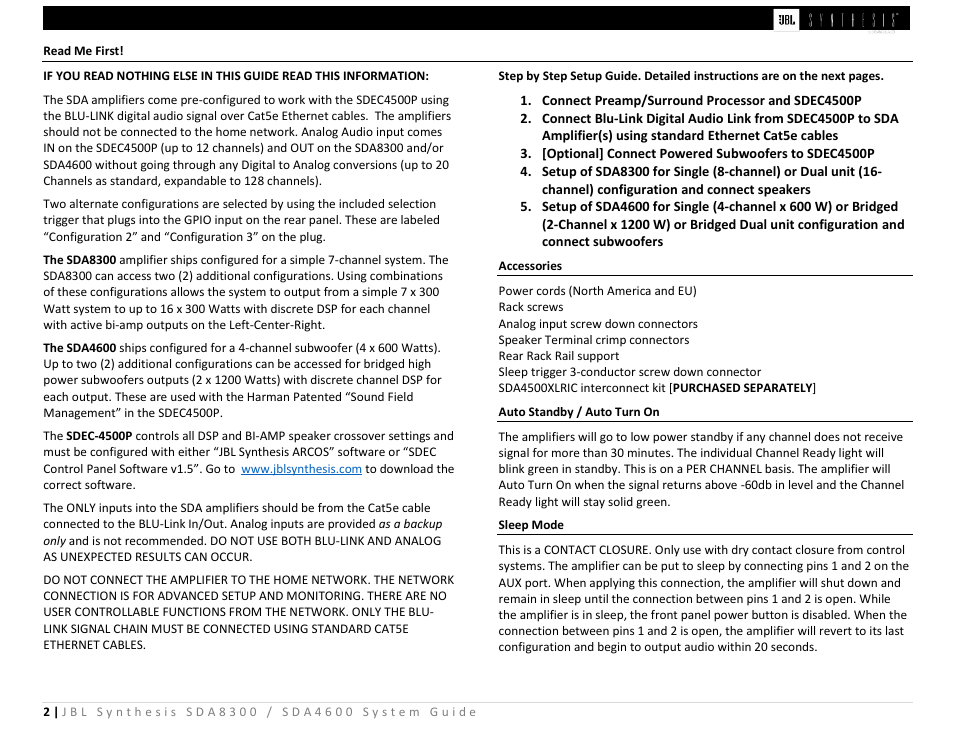 JBL Synthesis SDA 4600 User Manual | Page 2 / 16