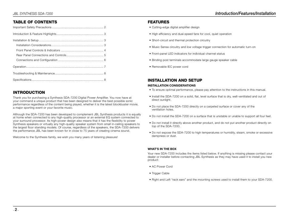 JBL Synthesis SDA 7200 User Manual | Page 2 / 8