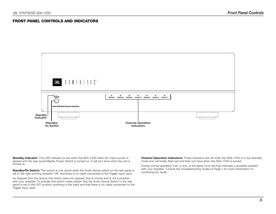 Front panel controls | JBL Synthesis SDA 7200 User Manual | Page 3 / 8