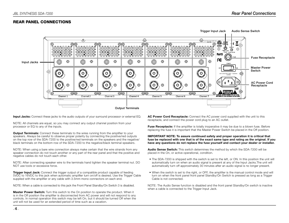 Rear panel connections | JBL Synthesis SDA 7200 User Manual | Page 4 / 8