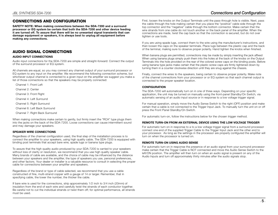 Connections and configuration, Audio signal connections | JBL Synthesis SDA 7200 User Manual | Page 5 / 8