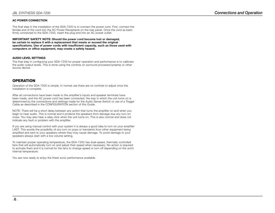 Connections and operation, Operation | JBL Synthesis SDA 7200 User Manual | Page 6 / 8