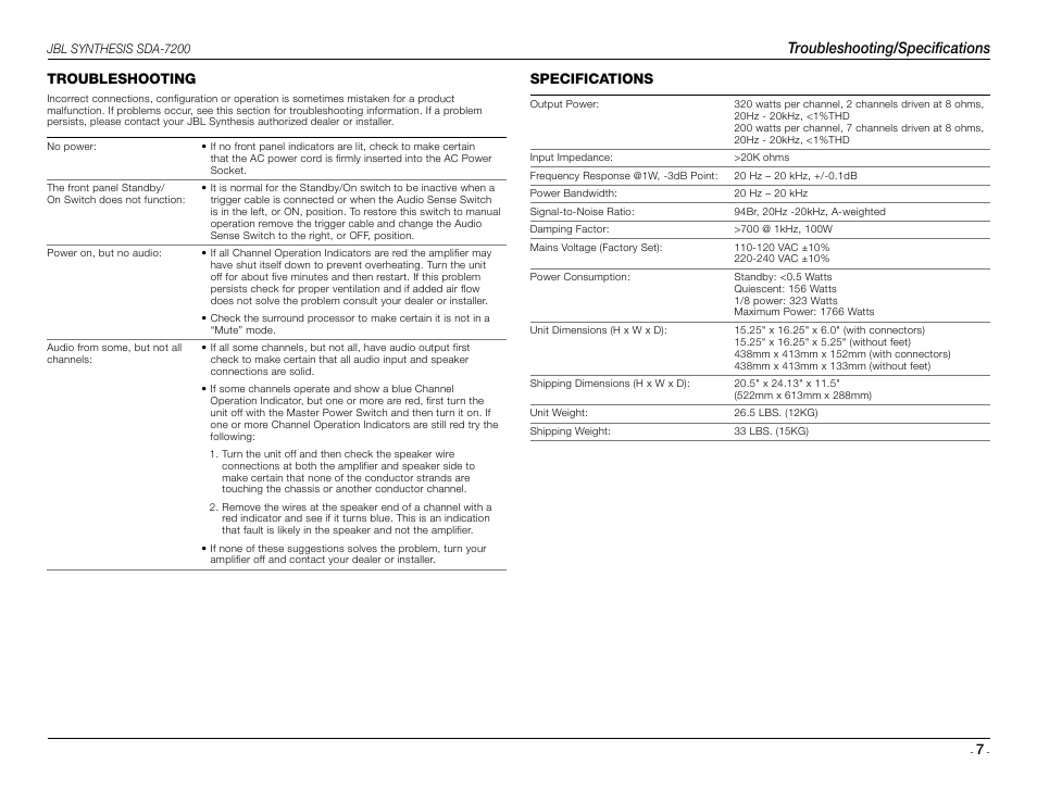 Troubleshooting/specifications, Troubleshooting, Specifications | JBL Synthesis SDA 7200 User Manual | Page 7 / 8