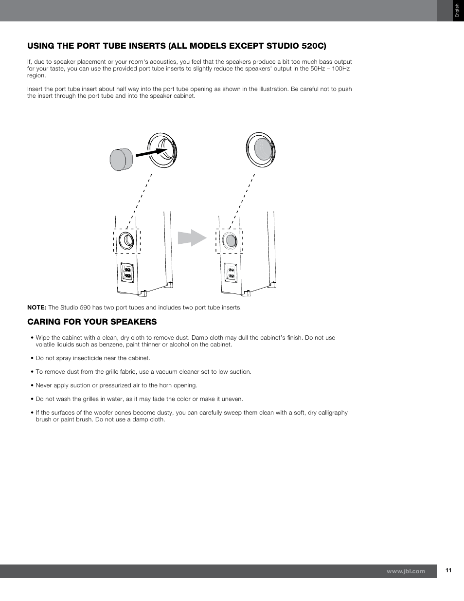 Caring for your speakers | JBL Synthesis Studio 530 User Manual | Page 11 / 15