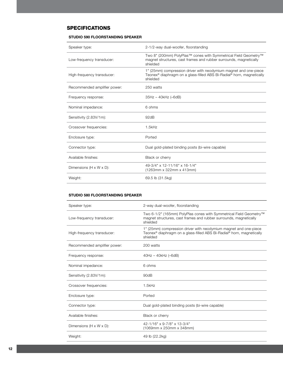 Specifications | JBL Synthesis Studio 530 User Manual | Page 12 / 15