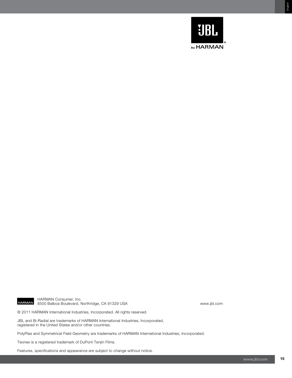 JBL Synthesis Studio 530 User Manual | Page 15 / 15