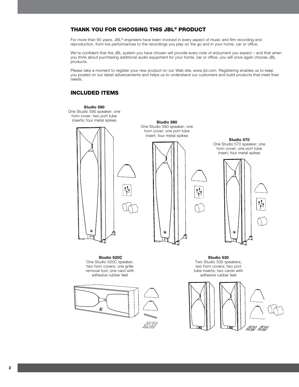 Product, Included items | JBL Synthesis Studio 530 User Manual | Page 2 / 15