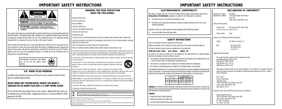 Important safety instructions, U.k. mains plug warning, Warning for your protection read the following | Electromagnetic compatibility, Declaration of conformity, Safety instructions | JBL Synthesis SDEC-3500 User Manual | Page 2 / 7