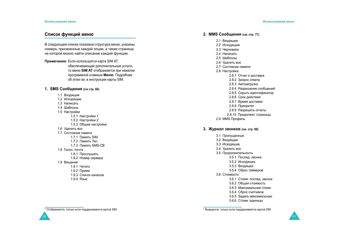 Список функций меню | Samsung SGH-E600 User Manual | Page 32 / 97